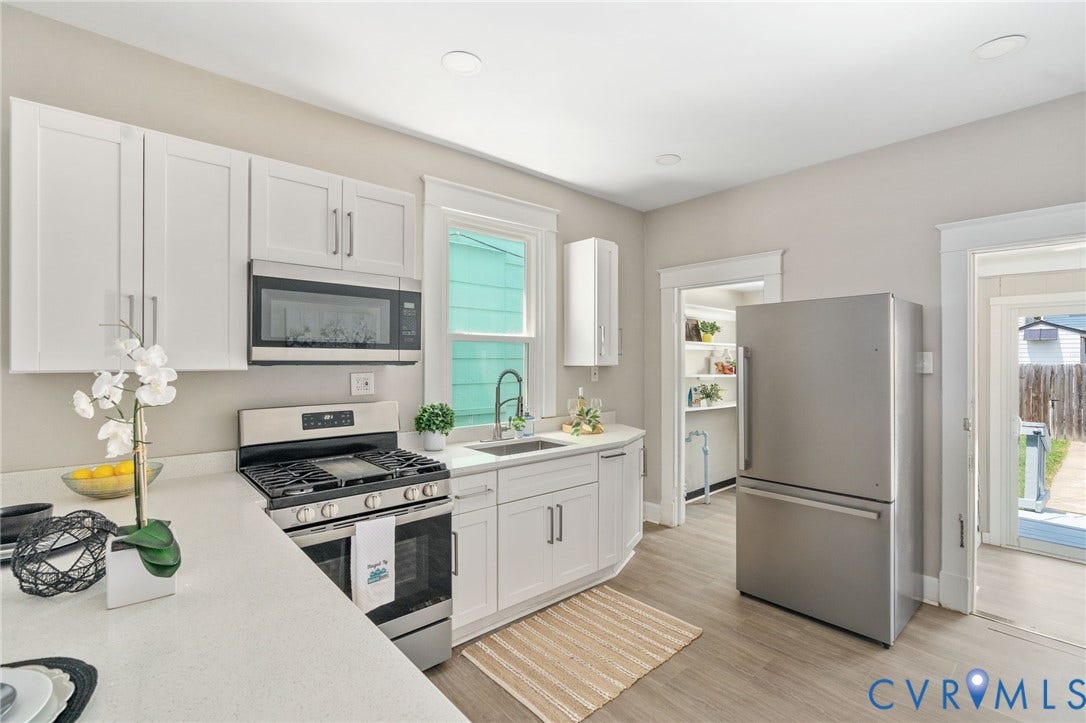 3314 Grayland Avenue, Richmond, VA 23221 Contemporary kitchen featuring white cabinetry, stainless steel appliances including a range and microwave, light-toned countertops, and wood-finish flooring