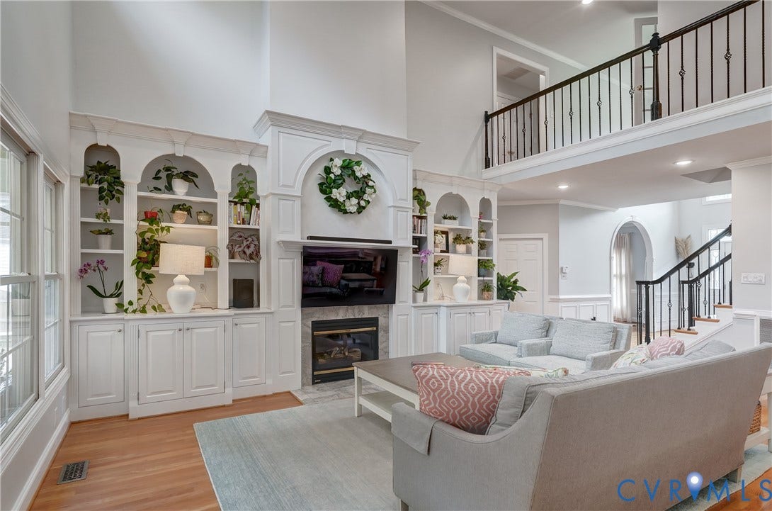 332 Rexmoor Terrace, Richmond, VA 23236 Vaulted living space featuring a custom built-in entertainment center with shelving and lower cabinetry