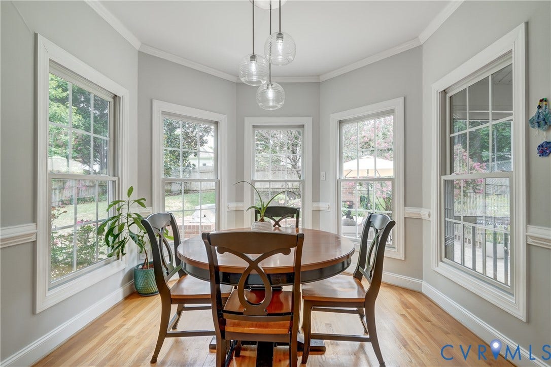 332 Rexmoor Terrace, Richmond, VA 23236 Dining area featuring a bay window design with multiple paneled windows, hardwood flooring, and a contemporary pendant light fixture