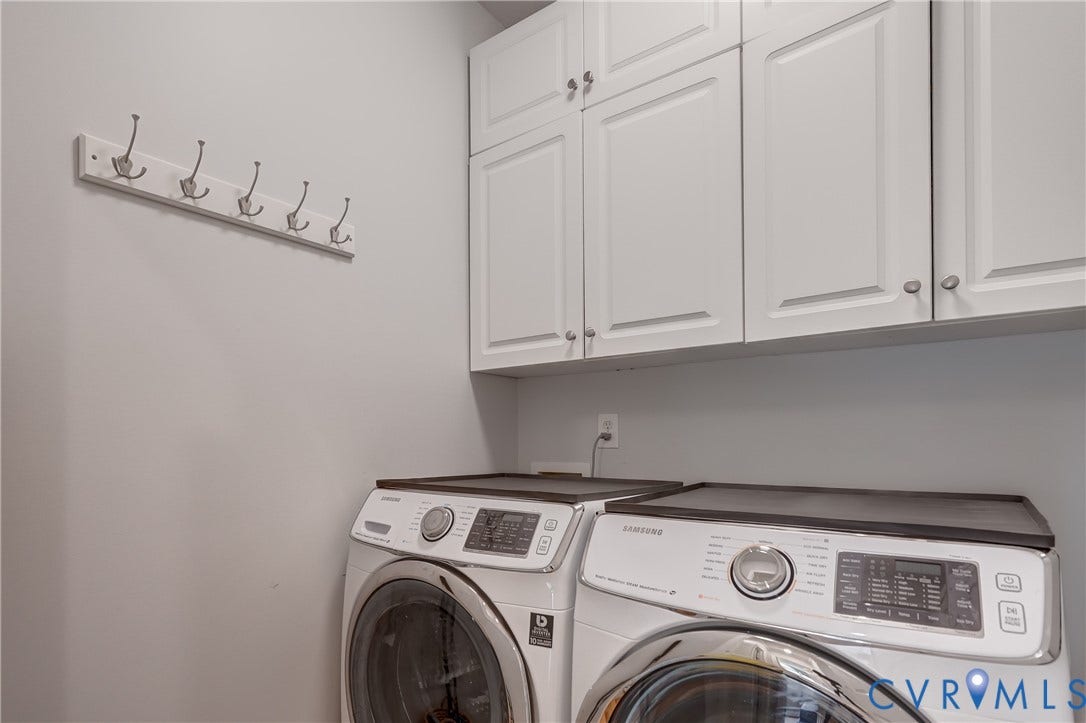 332 Rexmoor Terrace, Richmond, VA 23236 White shaker-style cabinetry with silver hardware, light gray wall color, and a wall-mounted hook rack