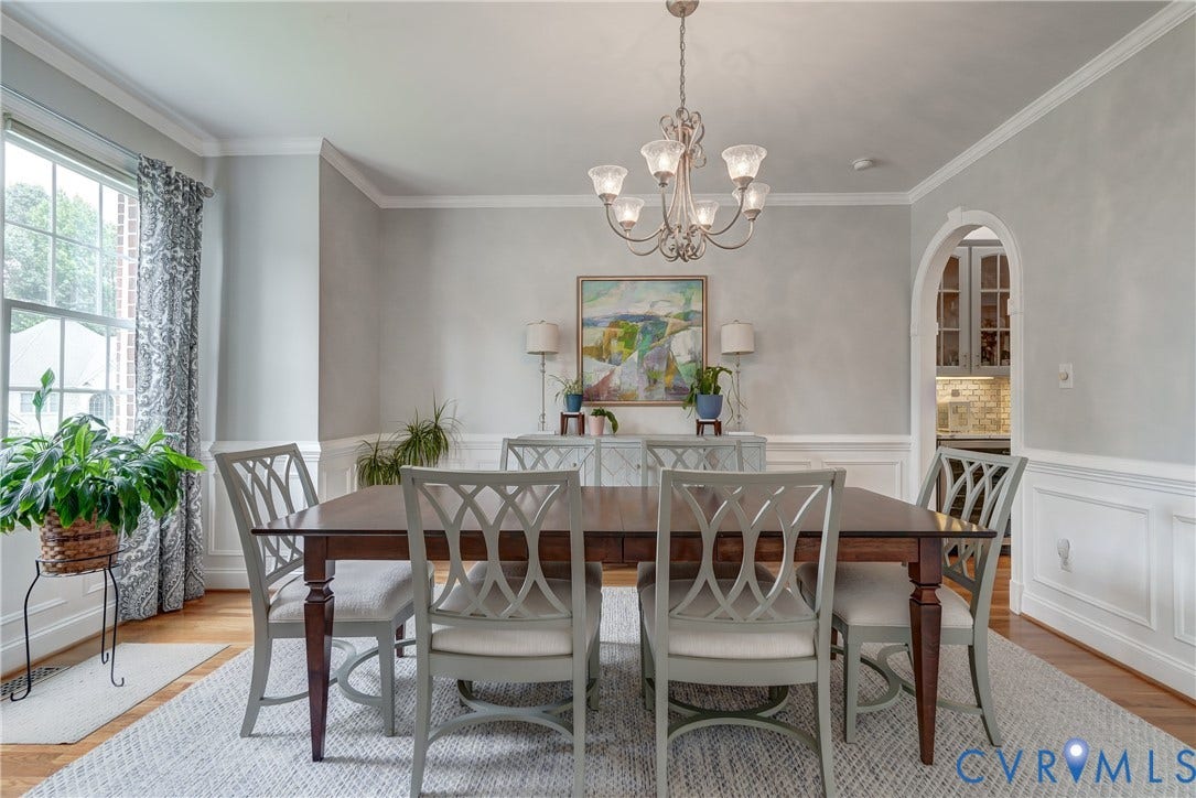 332 Rexmoor Terrace, Richmond, VA 23236 Dining area featuring wood-finish flooring, wainscoting, and crown molding