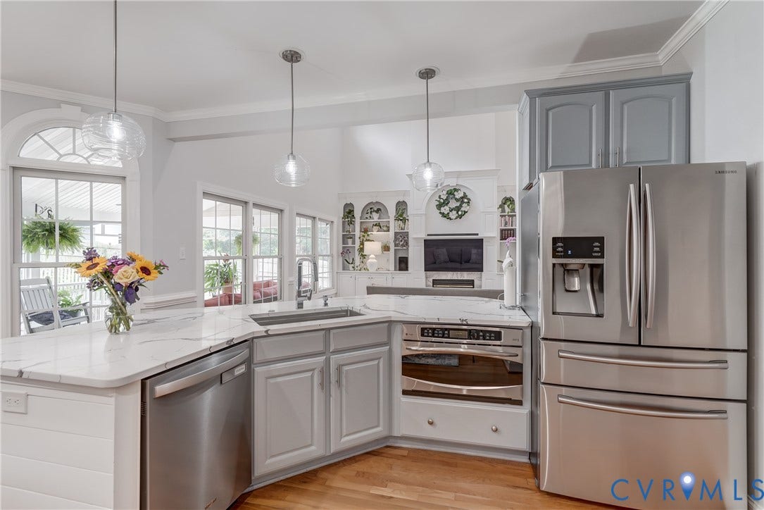 332 Rexmoor Terrace, Richmond, VA 23236 Kitchen featuring light gray cabinetry, stainless steel appliances, a built-in microwave, and pendant lighting
