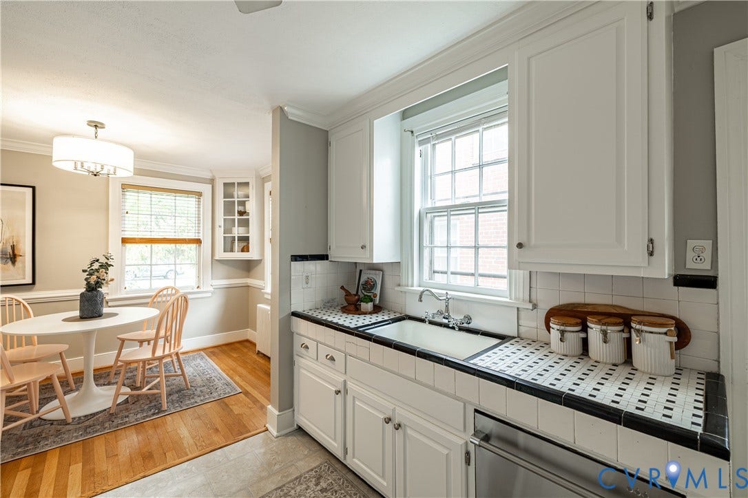 3903 Floyd Avenue, Richmond, VA 23221 Kitchen featuring white cabinetry, tile countertops with black trim, and a stainless steel appliance