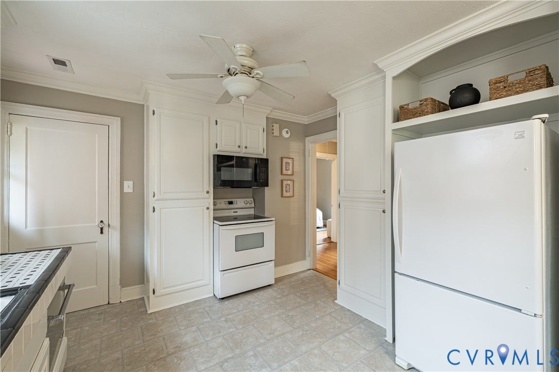 3903 Floyd Avenue, Richmond, VA 23221 Kitchen featuring white cabinetry, built-in microwave, electric range
