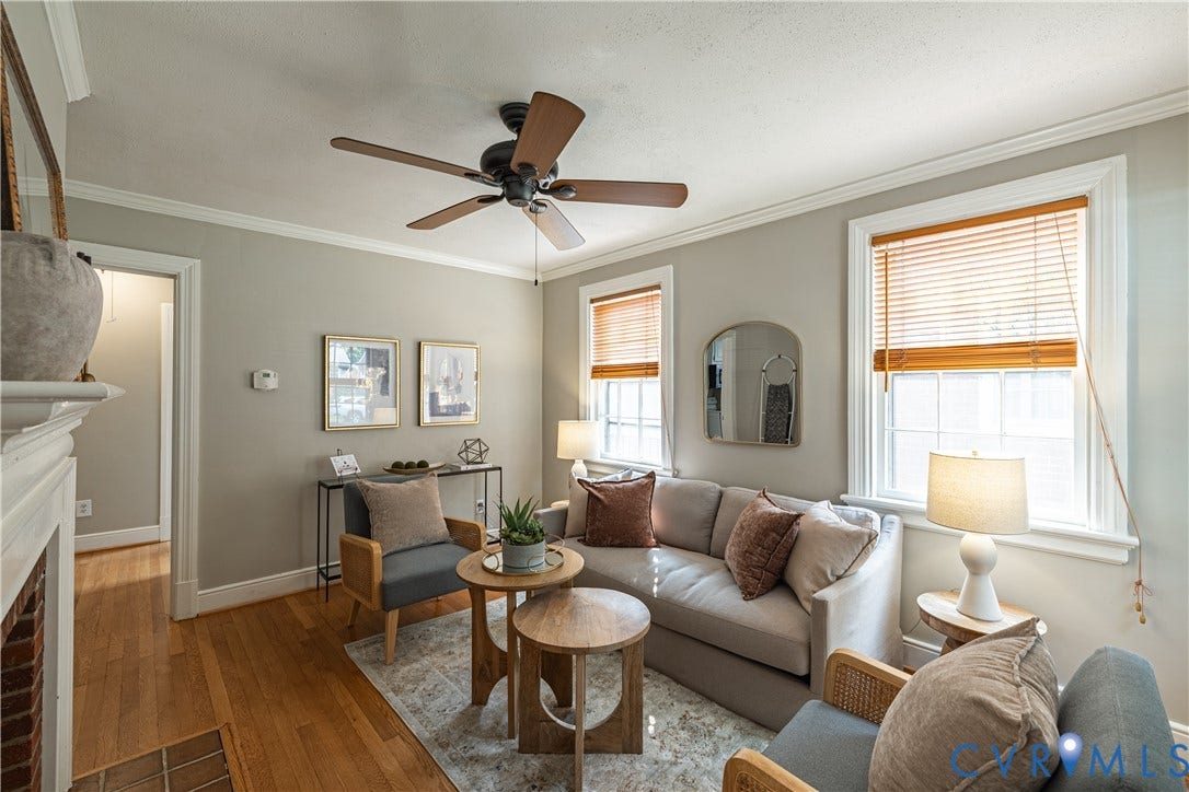 3903 Floyd Avenue, Richmond, VA 23221 Living area featuring wood-finish flooring, a ceiling fan, and crown molding