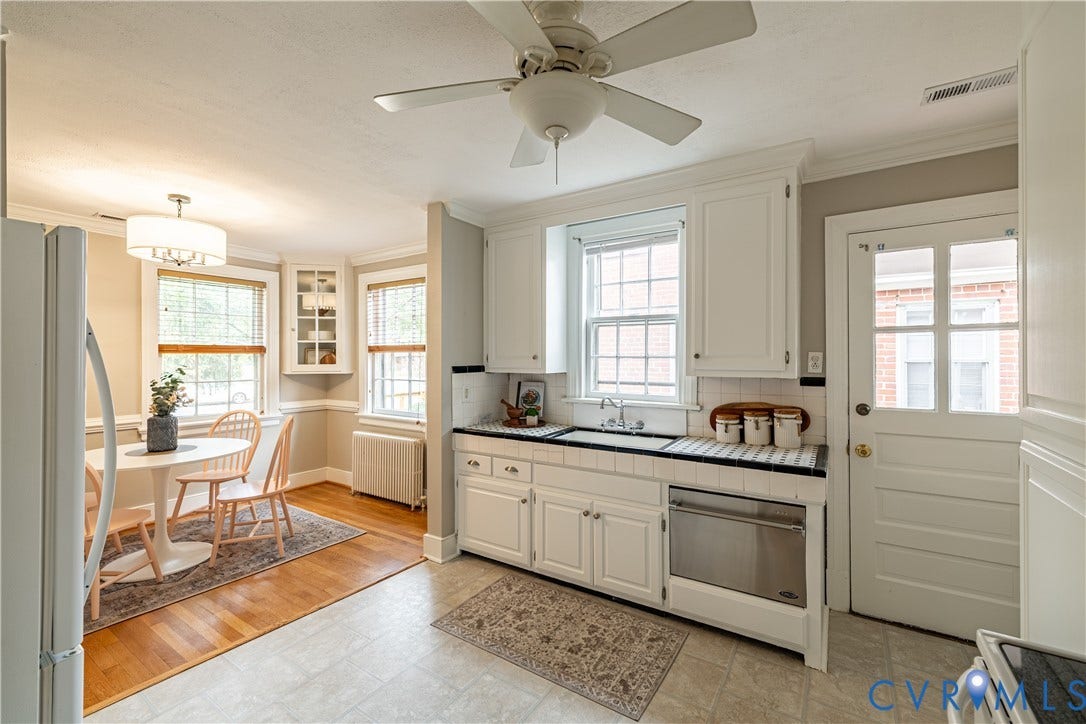 3903 Floyd Avenue, Richmond, VA 23221 Kitchen featuring white cabinetry, a stainless steel dishwasher, a single basin sink, and a tiled countertop
