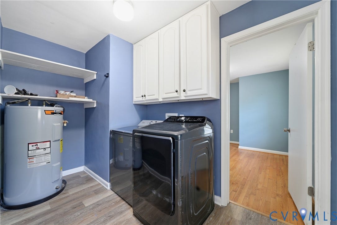 1214 Southbury Avenue, Henrico, VA 23231 Dedicated laundry area featuring white upper cabinetry, open shelving, and wood-finish flooring