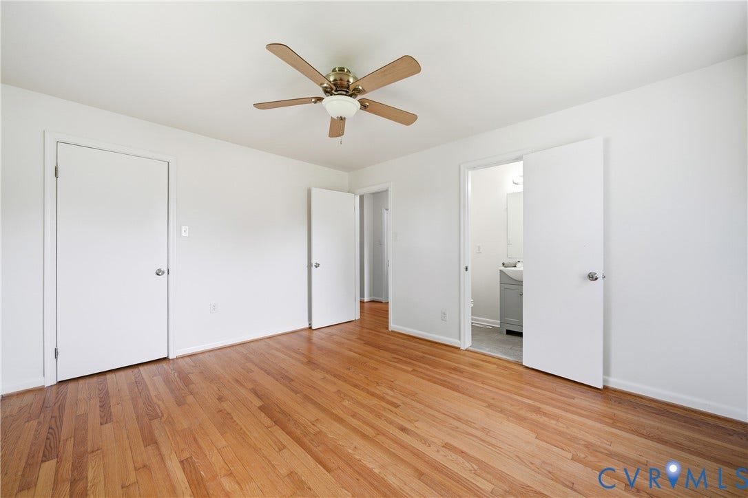 1214 Southbury Avenue, Henrico, VA 23231 Hardwood flooring throughout, bright white walls, and a ceiling fan with integrated lighting