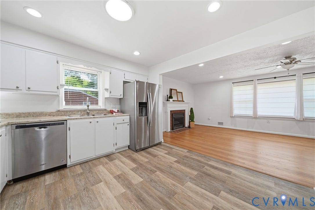 1214 Southbury Avenue, Henrico, VA 23231 Open concept kitchen featuring stainless steel appliances, white cabinetry, a built-in dishwasher, and wood-finish flooring