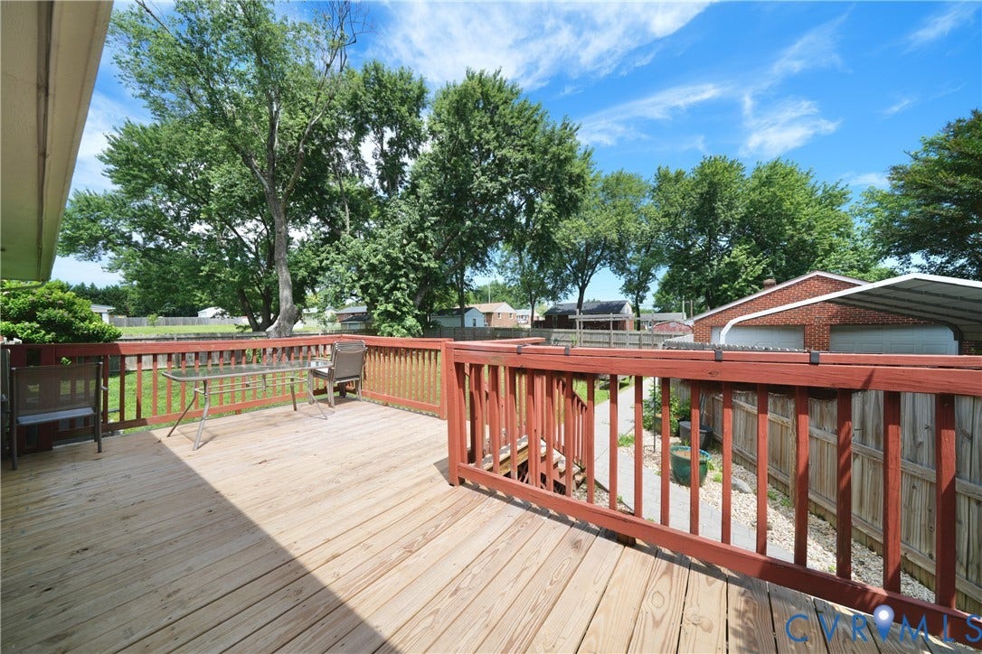 1214 Southbury Avenue, Henrico, VA 23231 Expansive outdoor deck with natural wood flooring and red-stained wood railings