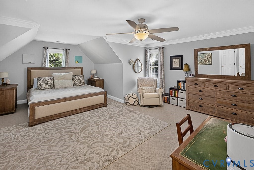 705 Lakewater Drive, Henrico, VA 23229 Upstairs 2nd Primary Suite. Featuring sloped ceilings, recessed window, 2 Walk-in Closets! CF & Berber carpet. En suite Bath.
