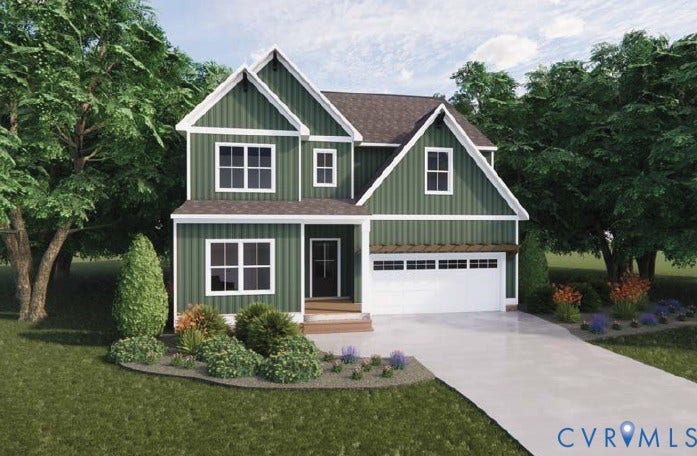 Two-story exterior with vertical siding, gabled rooflines, an attached garage, a concrete driveway, and front landscaping