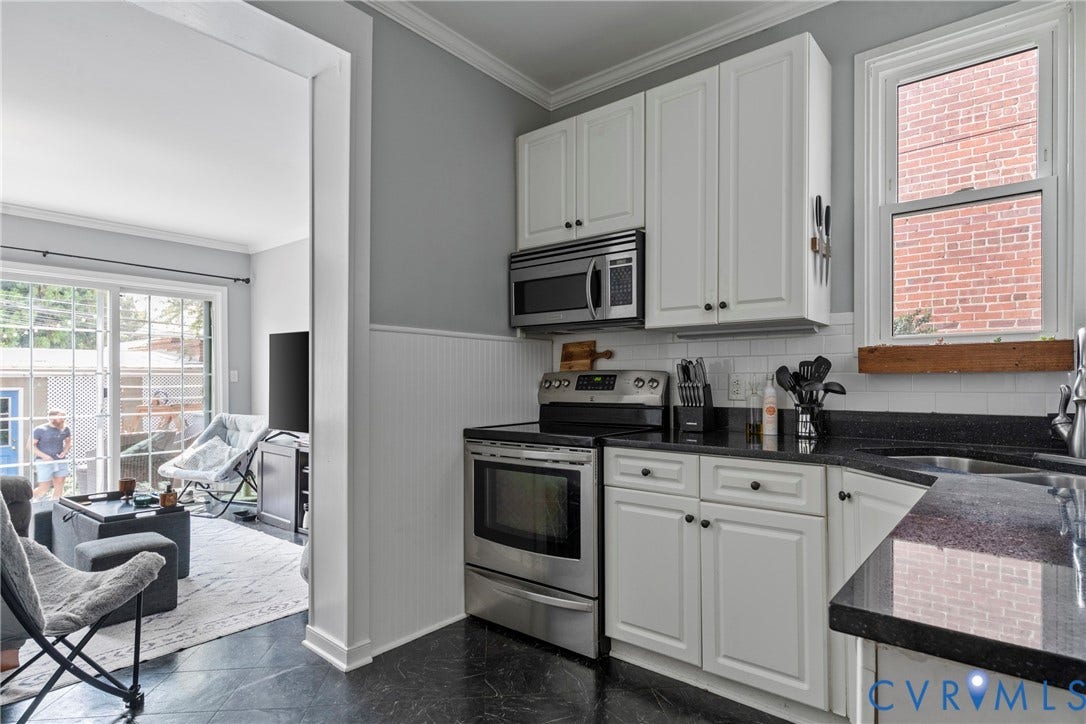 3331 W Grace Street, Monument Avenue, Richmond, VA 23221 Kitchen featuring white cabinetry, dark countertops, stainless steel appliances, and a tile backsplash