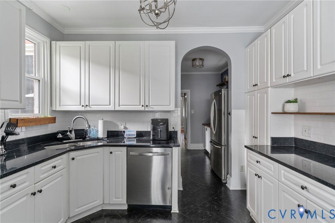 3331 W Grace Street, Monument Avenue, Richmond, VA 23221 Kitchen featuring white shaker-style cabinetry, dark countertops, a stainless steel dishwasher, and a stainless steel refrigerator
