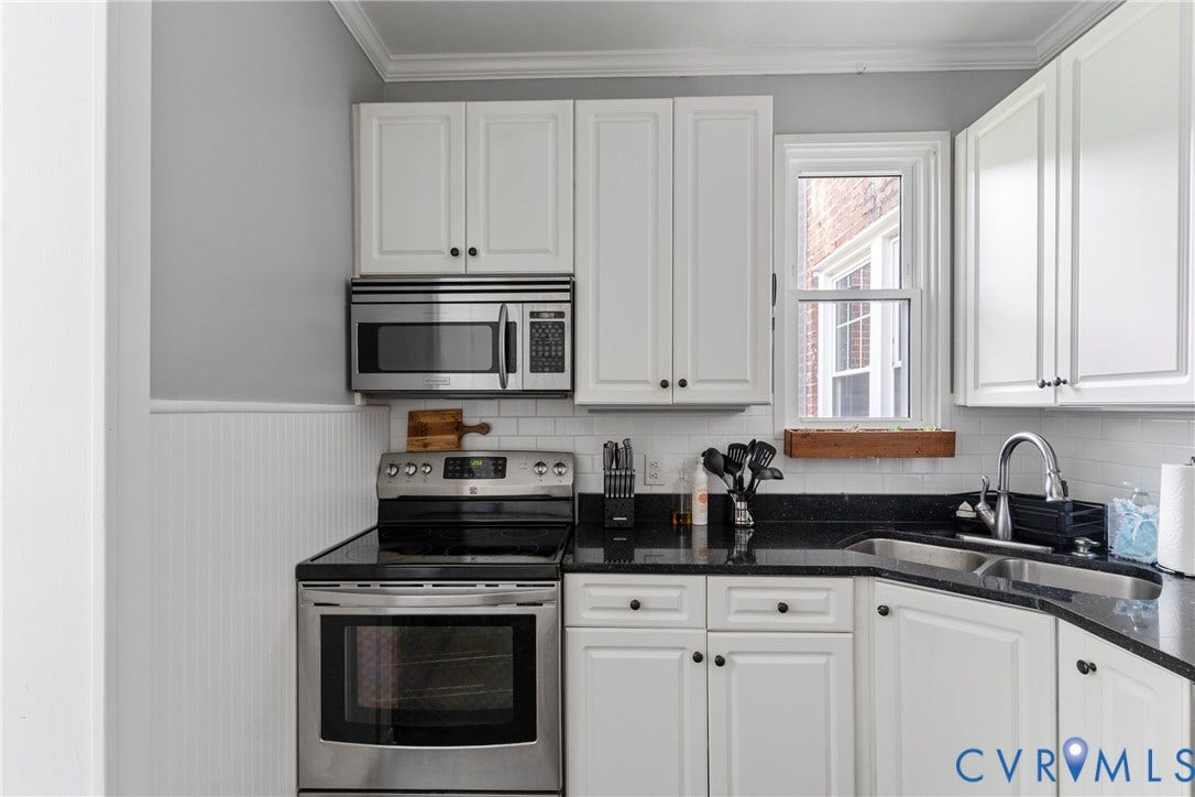 3331 W Grace Street, Monument Avenue, Richmond, VA 23221 Kitchen featuring white shaker-style cabinetry, black countertops, stainless steel appliances, and a white subway tile backsplash