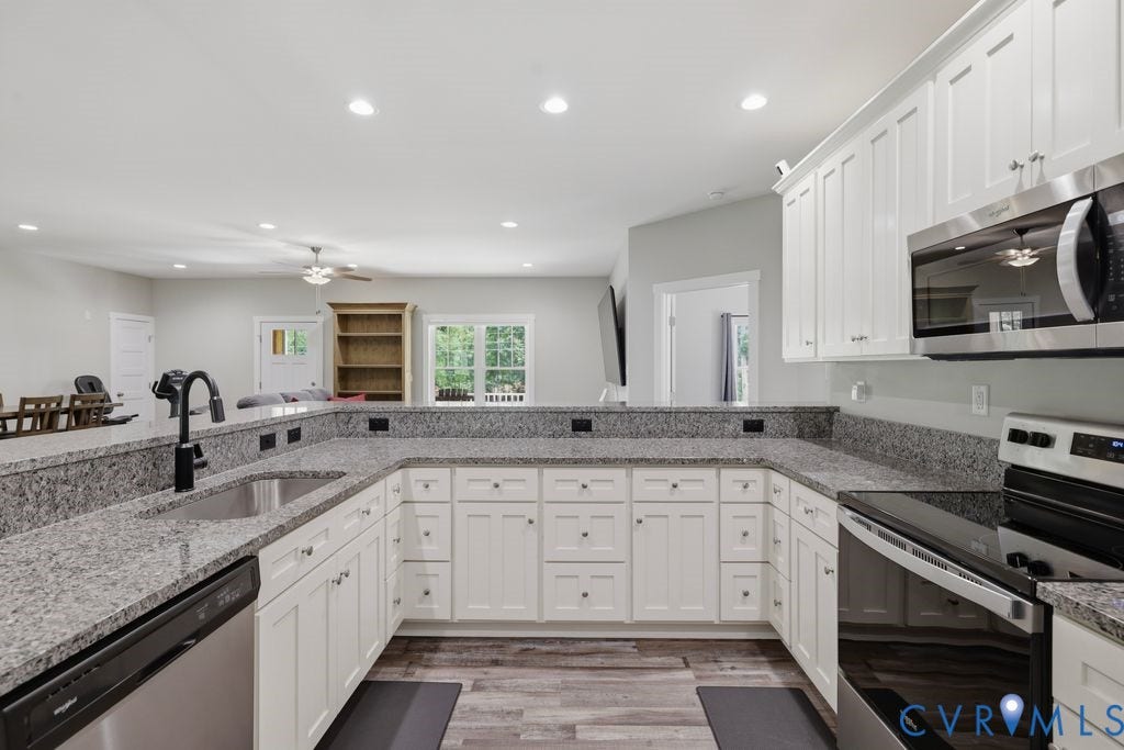 3259 Three Bridge Road, Powhatan, VA 23139 Modern kitchen featuring white shaker cabinetry, stainless steel appliances, speckled stone countertops, and wood-finish flooring
