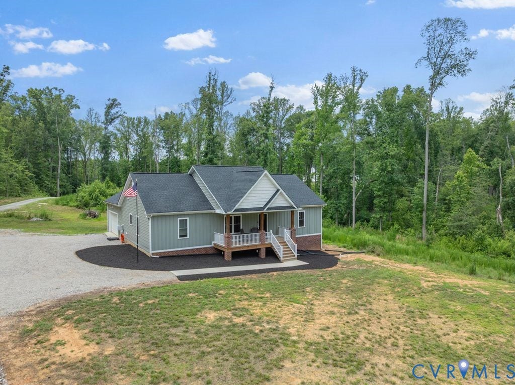 3259 Three Bridge Road, Powhatan, VA 23139 Contemporary single-story residence with light gray siding and a dark shingle roof