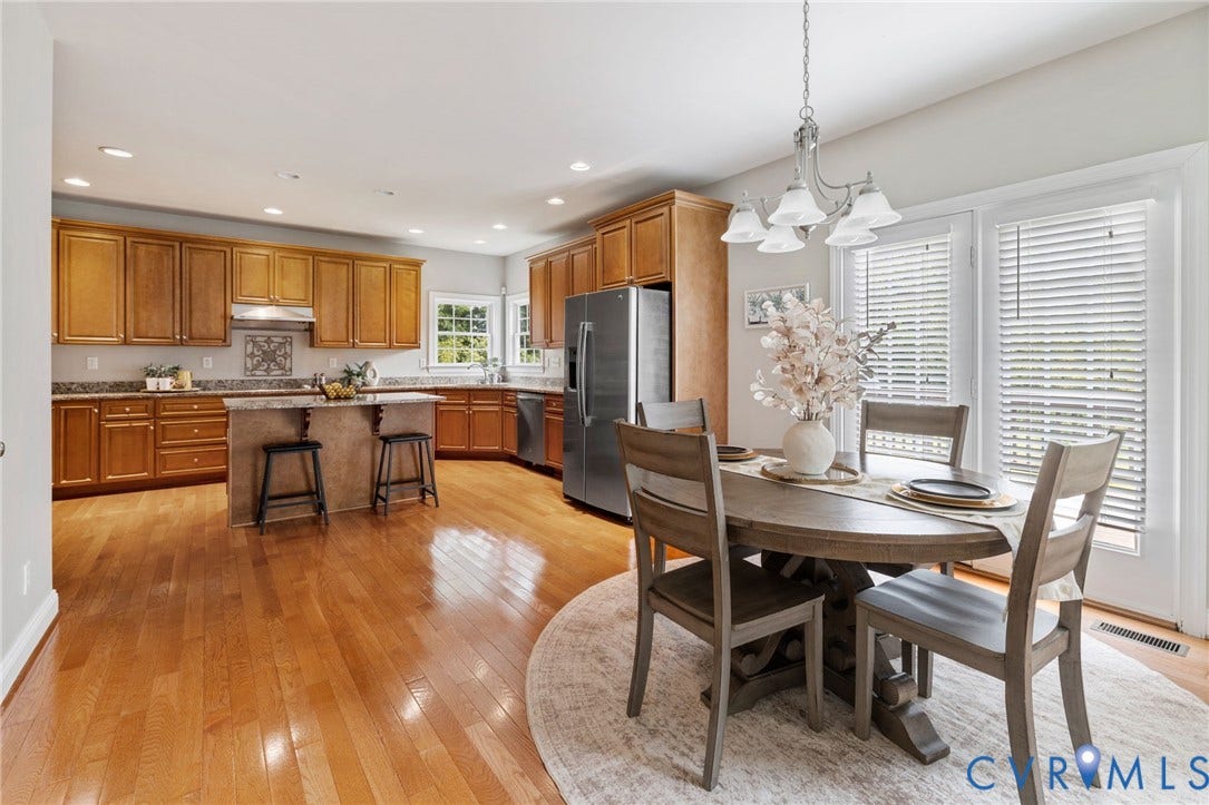 2936 Bayfront Way, Midlothian, VA 23112 Spacious, custom kitchen features wood floors, tons of cabinets and counter space, Granite counters, stainless steel appliances, custom cabinets, recessed lighting, large island with breakfast bar, walk-in pantry and a large eat-in area with deck access.