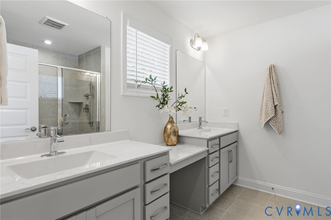 10880 Farmstead Mill Lane, Glen Allen, VA 23059 Bathroom featuring a double vanity with light gray cabinetry and white countertops