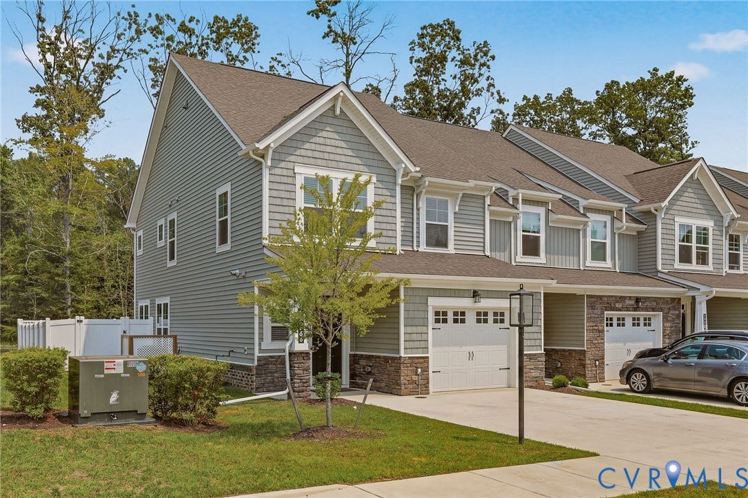 10880 Farmstead Mill Lane, Glen Allen, VA 23059 Multi-story townhome featuring grey siding, shake shingles, and stone veneer accents