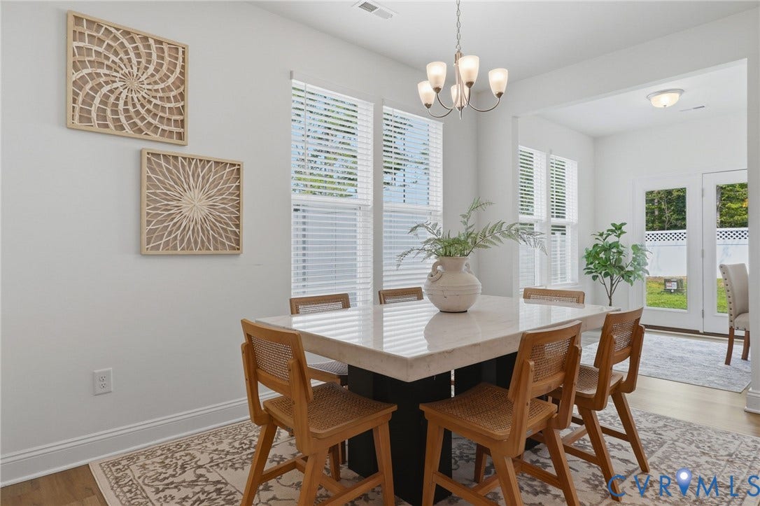 10880 Farmstead Mill Lane, Glen Allen, VA 23059 Bright interior space featuring a multi-light chandelier, multiple windows with blinds, and light wood-finish flooring