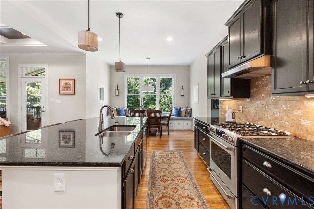 15936 Alsdell Road, Hallsley, Midlothian, VA 23112 Kitchen featuring dark cabinetry, stainless steel appliances, granite countertops, an integrated sink, and hardwood flooring
