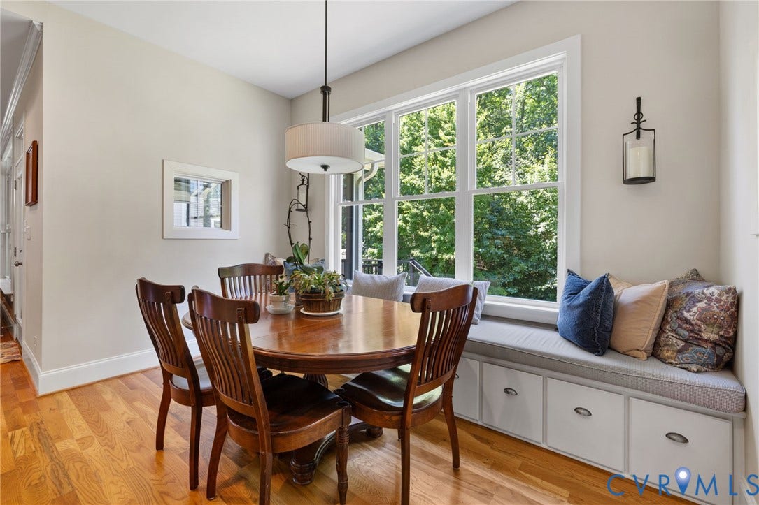 15936 Alsdell Road, Hallsley, Midlothian, VA 23112 Built-in window seat with storage drawers, complemented by a large picture window, wood-finish flooring, a contemporary pendant light fixture, and a wall-mounted lantern sconce