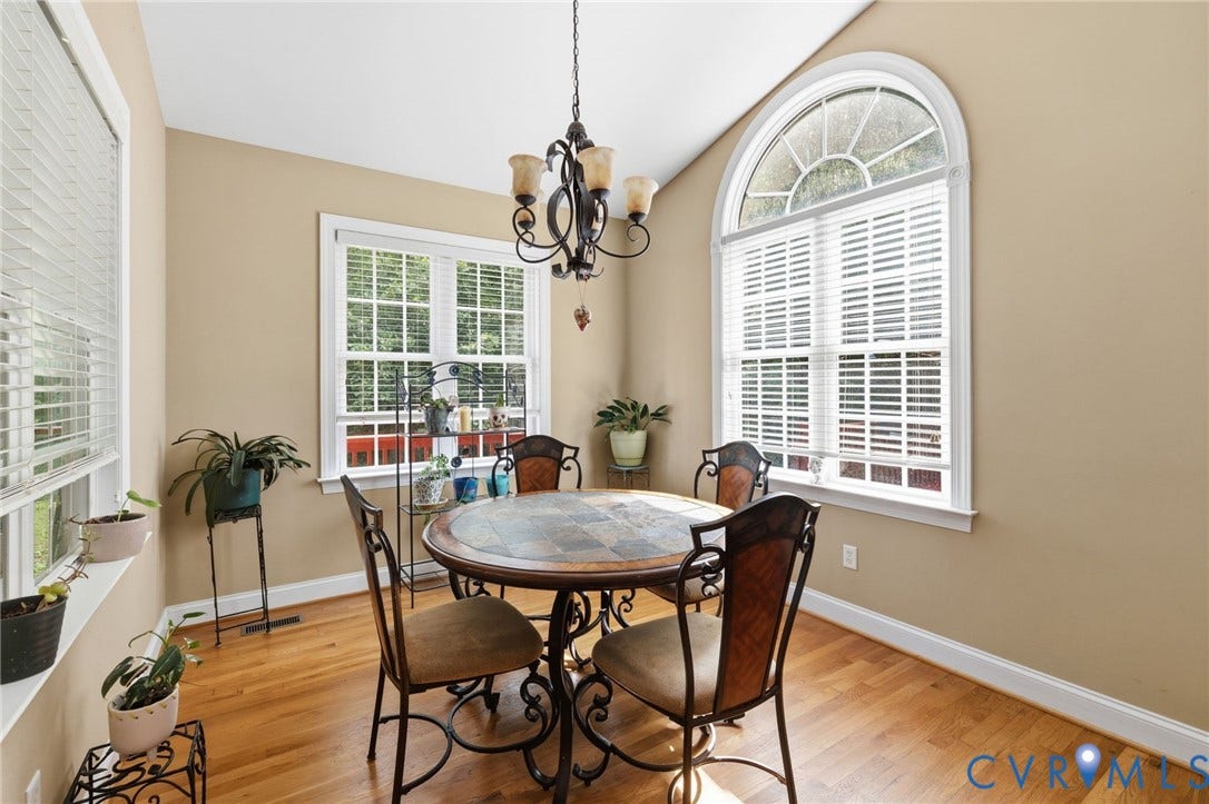 3337 Scarlet Oak Drive, Powhatan, VA 23139 Vaulted ceiling room featuring hardwood flooring and ample natural light from multiple windows, including an arched transom window