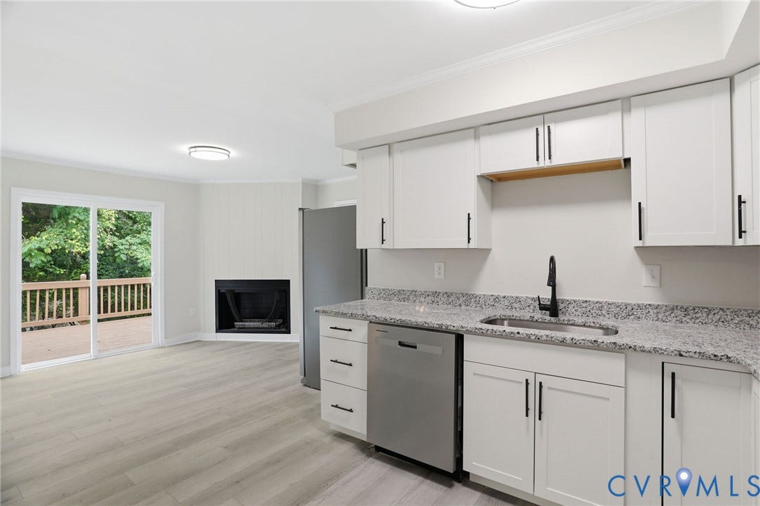 5301 Dalglish Road, Henrico, VA 23223 Modern kitchen cabinetry with light-colored granite countertops and stainless steel appliances