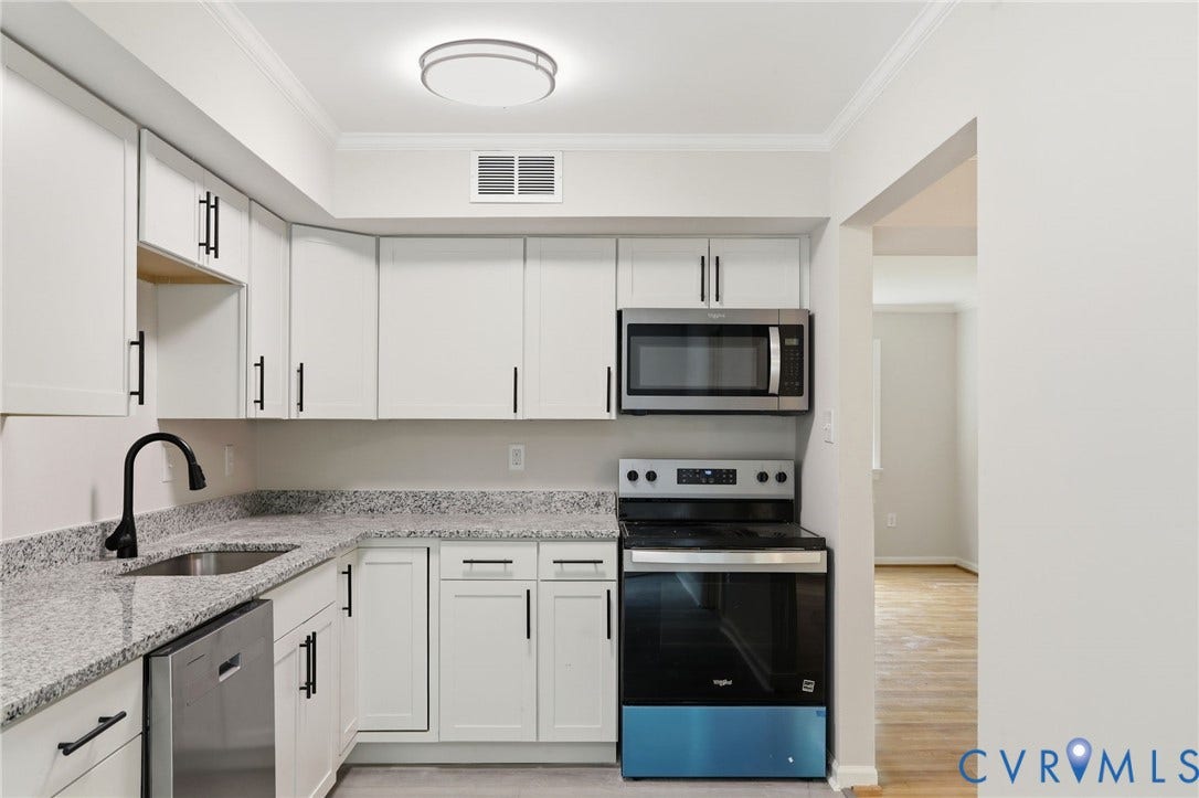 5301 Dalglish Road, Henrico, VA 23223 Kitchen featuring white cabinetry, granite-style countertops, stainless steel appliances, a built-in microwave, and a matte black faucet