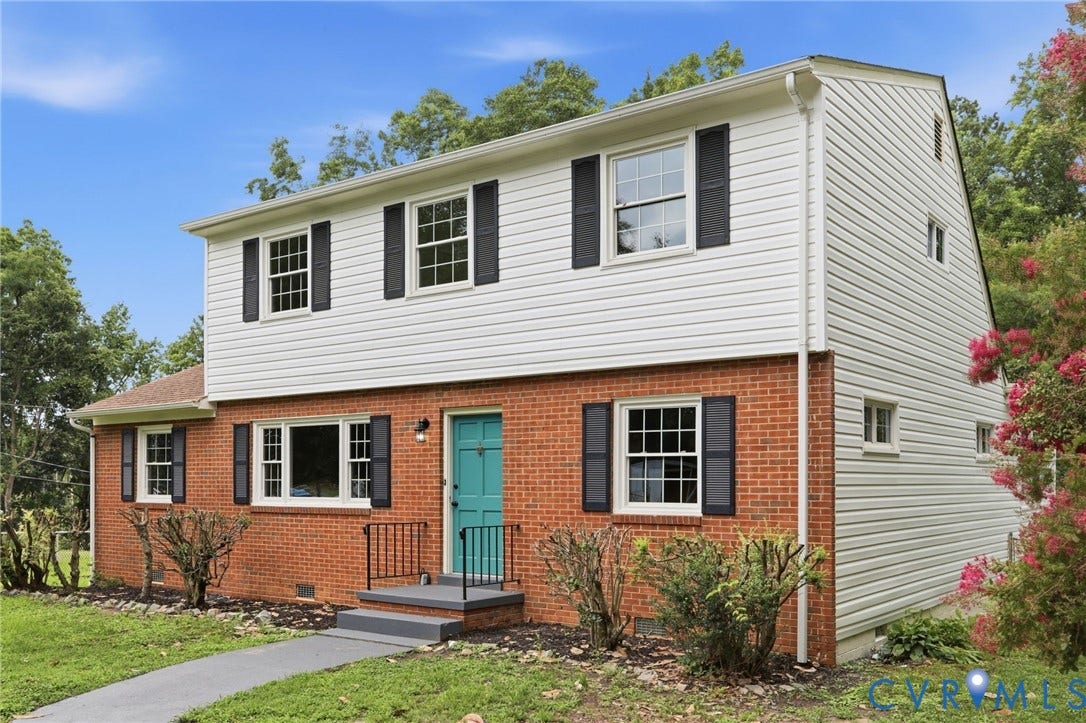 5301 Dalglish Road, Henrico, VA 23223 Two-story residence featuring a brick first level and white siding on the upper level, complemented by a turquoise entry door