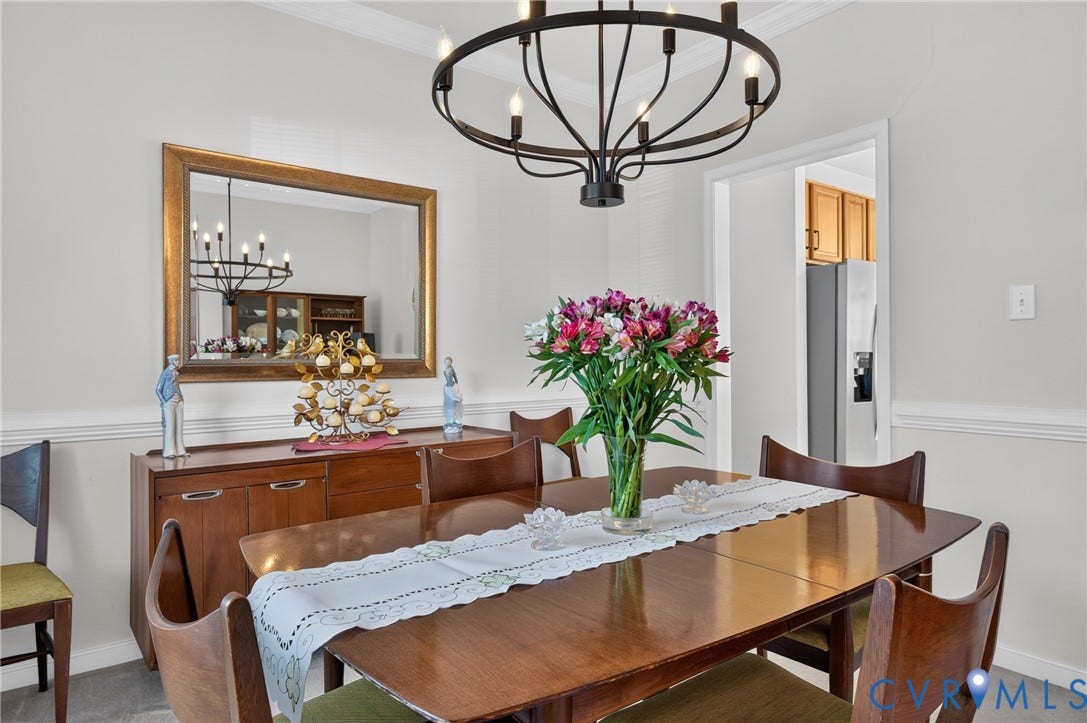 10817 Correnty Drive, Glen Allen, VA 23059 Dining area featuring a central chandelier, crown molding, and wainscoting