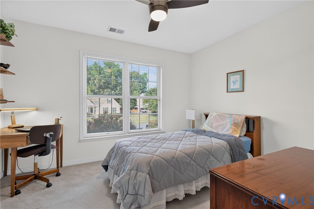 10817 Correnty Drive, Glen Allen, VA 23059 Spacious room featuring a large window with white blinds, neutral wall paint, and a ceiling fan with integrated lighting
