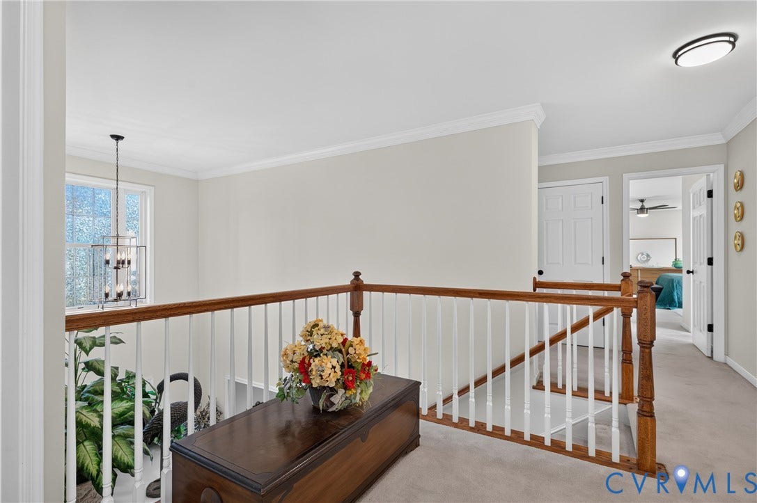 10817 Correnty Drive, Glen Allen, VA 23059 Upper-level landing featuring a wood and white spindle railing, carpet flooring, and crown molding