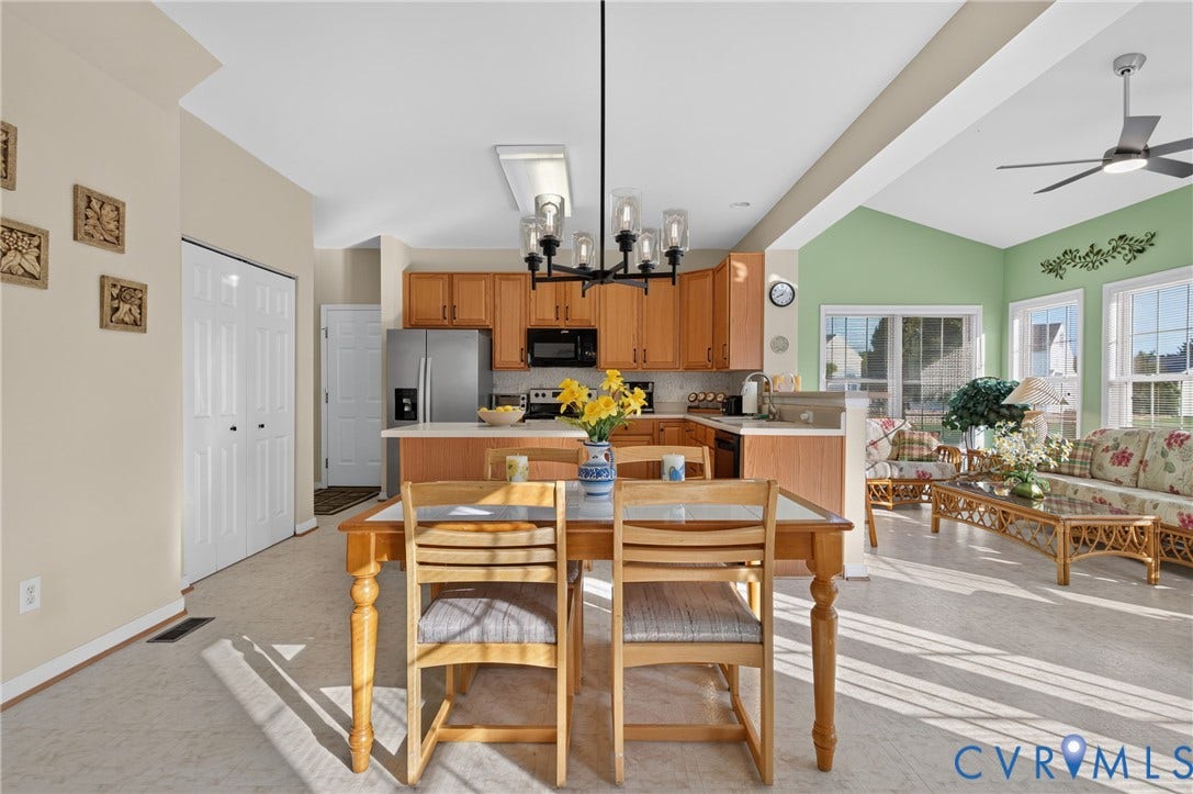 10817 Correnty Drive, Glen Allen, VA 23059 Open-concept living space with a kitchen featuring wood cabinetry, stainless steel appliances, and a breakfast bar
