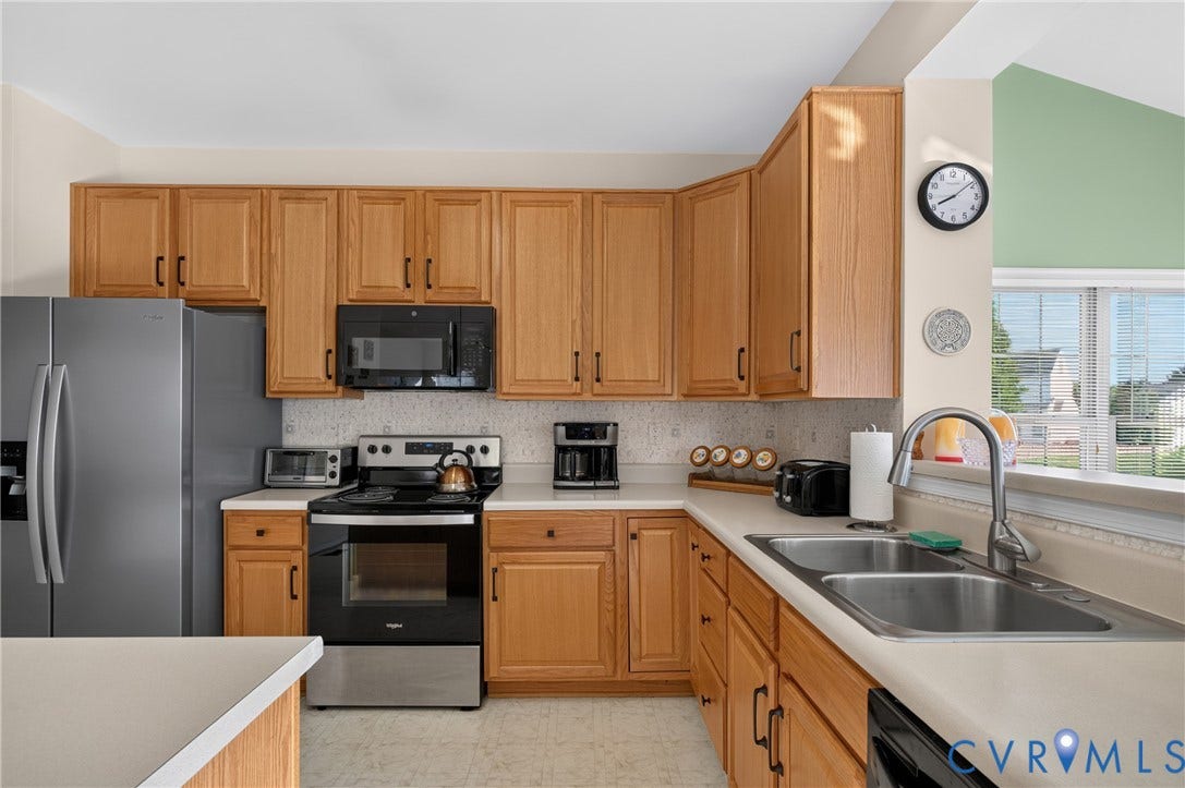 10817 Correnty Drive, Glen Allen, VA 23059 Kitchen featuring a double stainless steel sink, wood cabinetry, light-colored countertops, stainless steel appliances, and a window with blinds