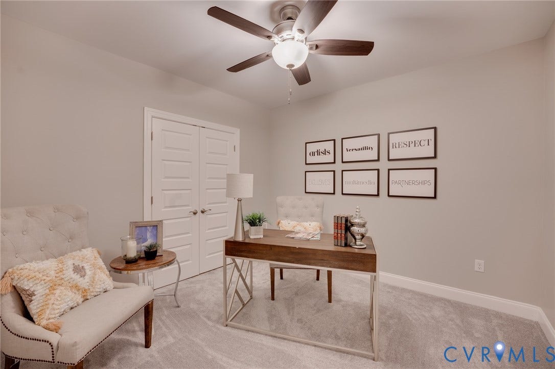 6408 Sanford Springs Cove, Midlothian, VA 23112 Light gray wall paint complemented by white baseboards, plush gray carpeting, and white paneled double doors