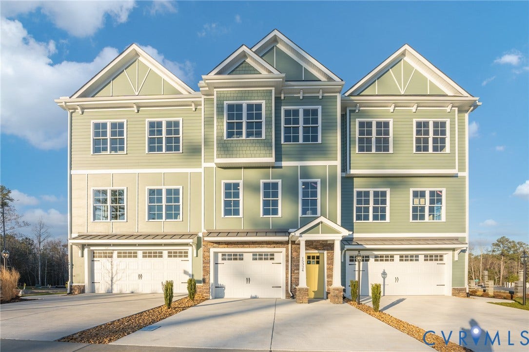 6408 Sanford Springs Cove, Midlothian, VA 23112 Contemporary townhome exterior featuring light green and beige siding with white trim