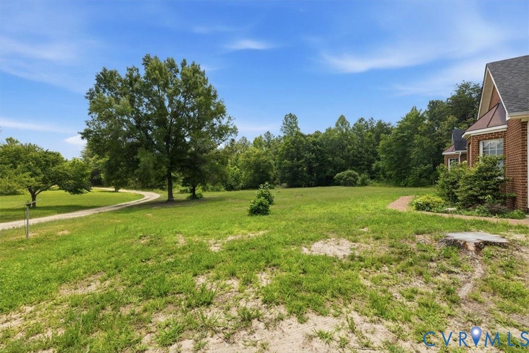 Expansive green lawn with mature trees and a curving unpaved driveway