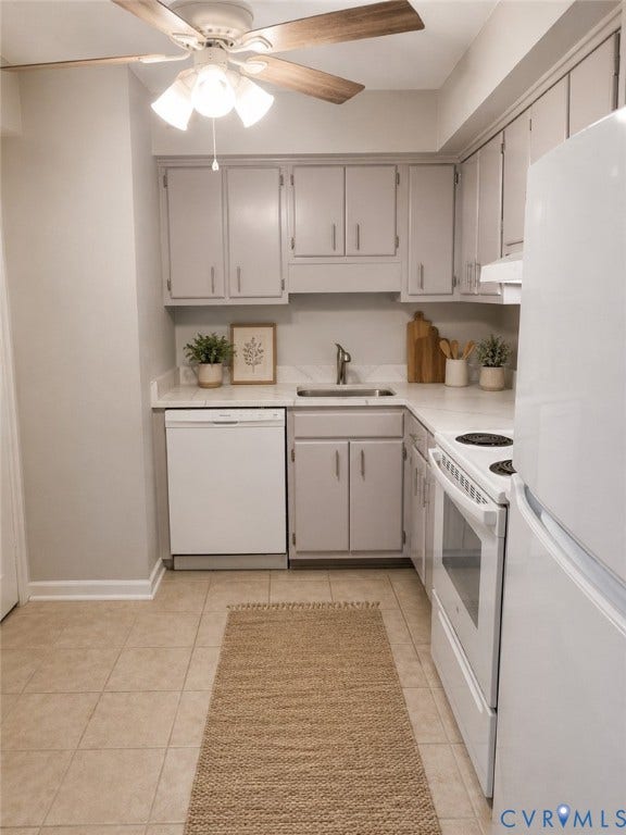 1519 Harpers Ferry Court, Henrico, VA 23228 Efficient kitchen featuring light gray cabinetry, white countertops, tile flooring, a ceiling fan with integrated lighting, and white appliances including a refrigerator, range, and dishwasher