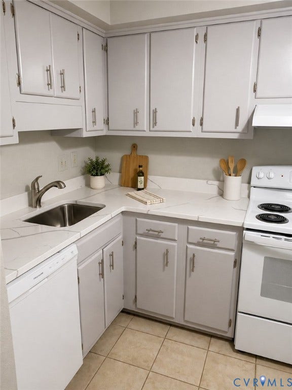 1519 Harpers Ferry Court, Henrico, VA 23228 Bright kitchen featuring light gray cabinetry, white countertops with veining, a stainless steel sink, and a white electric range