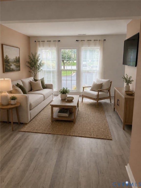 1519 Harpers Ferry Court, Henrico, VA 23228 Living area featuring LVP flooring, ample natural light from three windows, and a built-in wall-mounted television