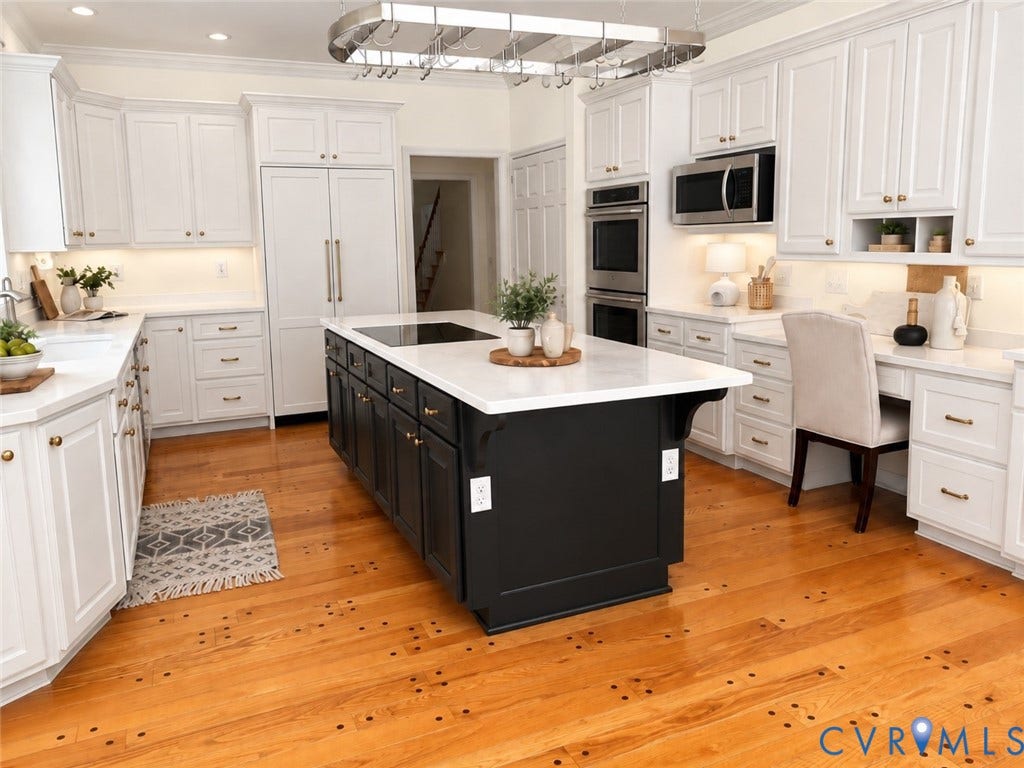 2065 Garrett Lane, Powhatan, VA 23139 AI generated photo to show the kitchen painted, cabinets painted, cabinet panel refrigerator and quartz tops to show what minor updates could look like.