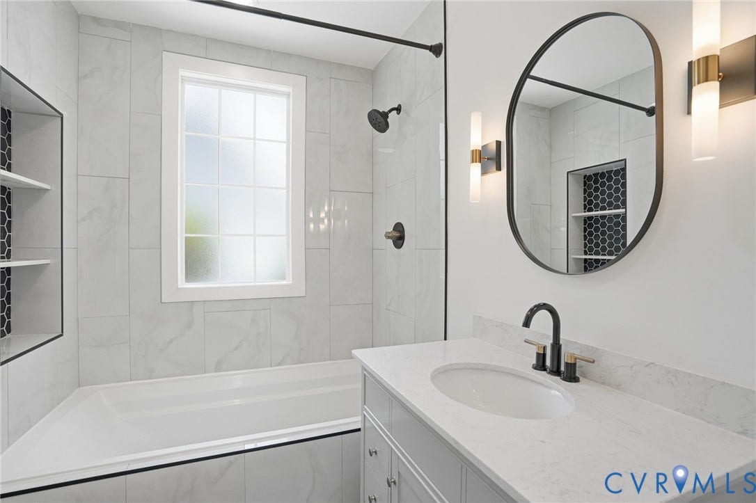 6929 Woodrow Terrace, Richmond, VA 23228 Contemporary bathroom featuring a white vanity with a quartz-finish countertop and undermount sink