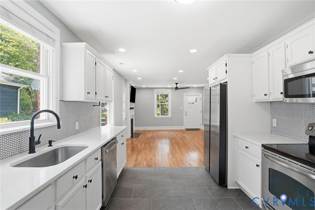 6929 Woodrow Terrace, Richmond, VA 23228 Modern kitchen featuring white cabinetry, stainless steel appliances, a hex tile backsplash, and dark gray floor tile