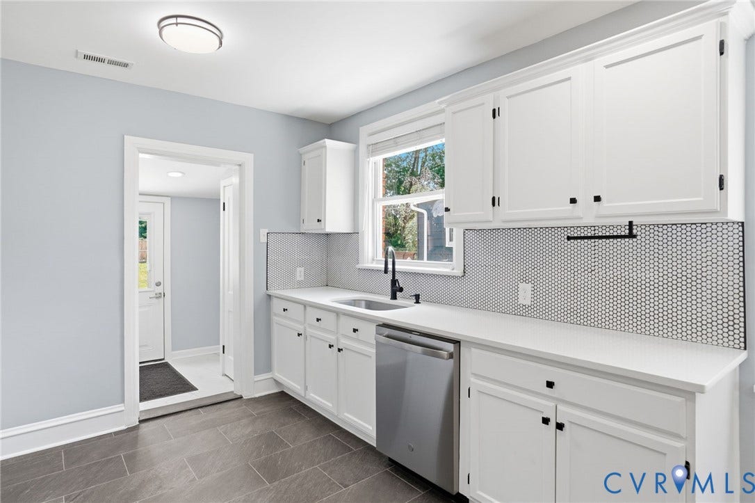 6929 Woodrow Terrace, Richmond, VA 23228 Kitchen featuring white shaker-style cabinetry with matte black hardware, white countertops, and a black penny tile backsplash