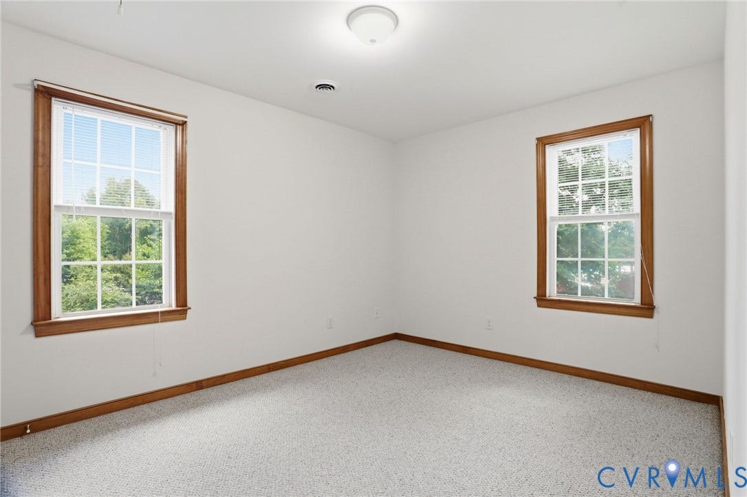 Room featuring two multi-pane windows with wood-finish trim, light-colored carpeting, white walls, and a flush-mount ceiling light
