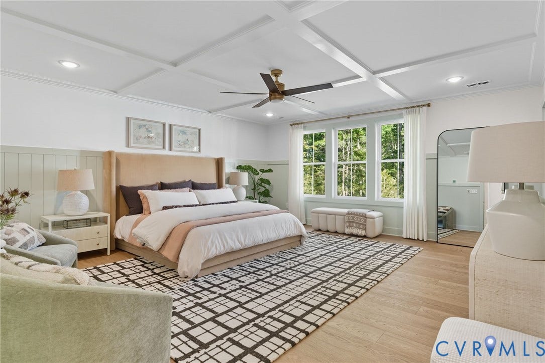 00 Perkinsville Lot 6 Road, Perkinsville Estates, Maidens, VA 23102 Spacious bedroom featuring wood-finish flooring, a coffered ceiling with recessed lighting, and a ceiling fan