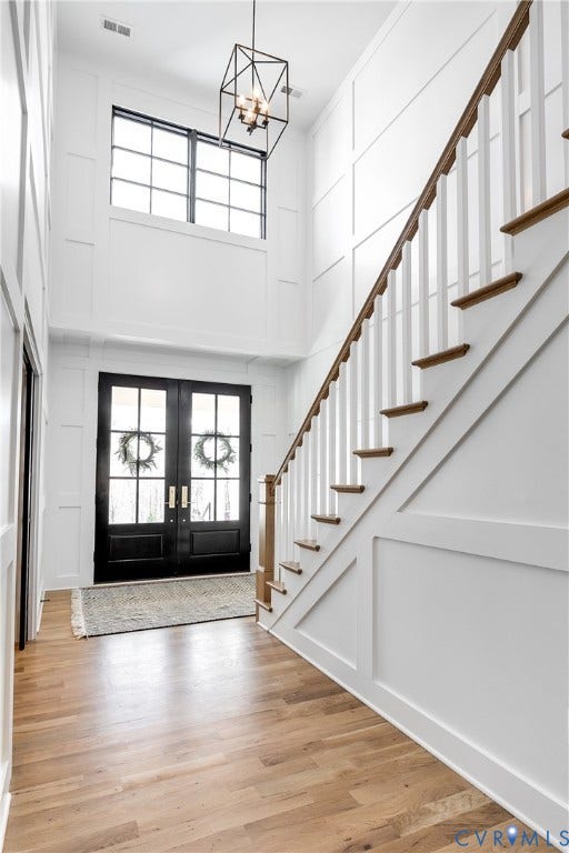 00 Perkinsville Lot 6 Road, Perkinsville Estates, Maidens, VA 23102 Two-story foyer featuring wood-finish flooring, wainscoting, and a geometric chandelier