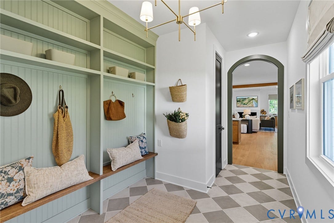 00 Perkinsville Lot 6 Road, Perkinsville Estates, Maidens, VA 23102 Built-in mudroom seating with overhead shelving, beadboard backing, and wood-finish benches